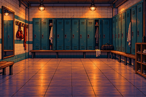 A locker room with benches, hanging gloves and warm lights.